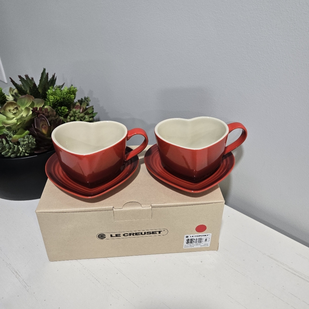 Last Set of 2 Cerise Red Heart Mugs & Heart Saucers / Trays Le Creuset NEW